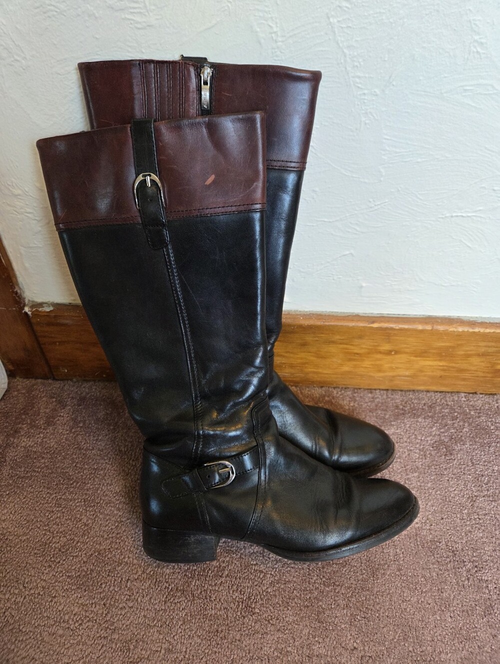 Tall Two-Tone Leather Riding Boots - Black & Brown